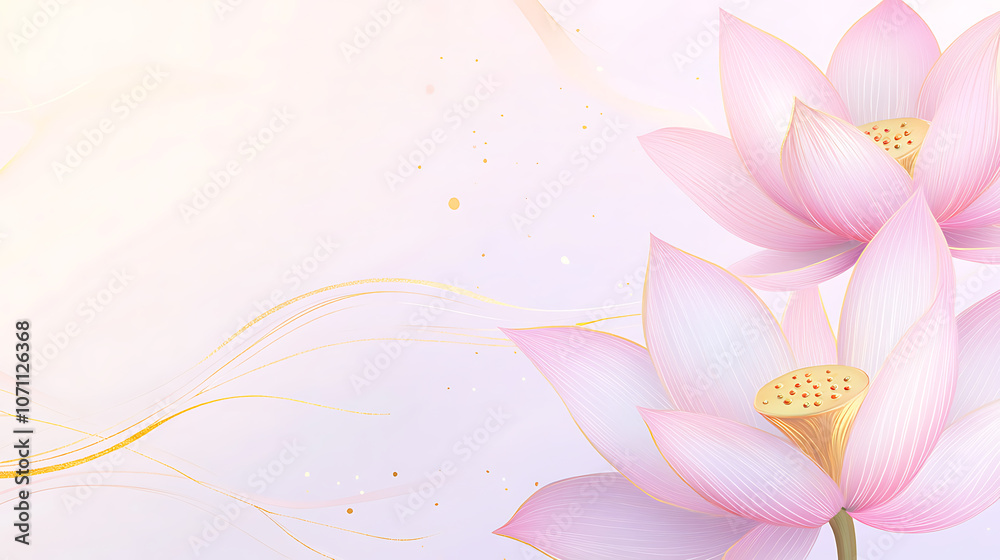 Poster Light pink and gold lotus background linear pattern with delicate lines light purple color scheme, white space on the left side of the wallpaper
