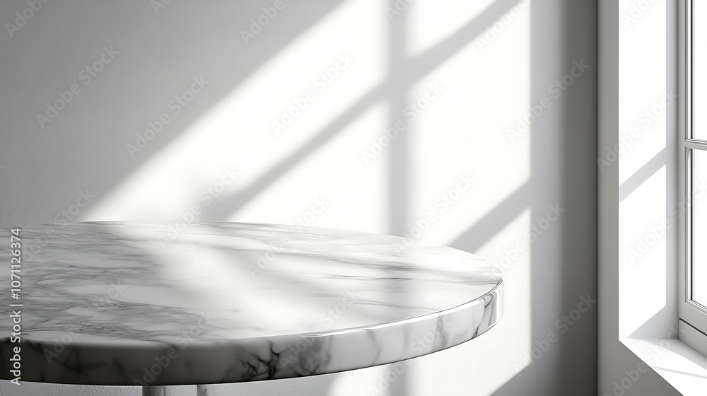 Poster mockup product display, a marble table with a window shadow drop on a white wall background