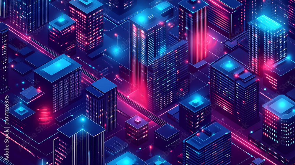 Fototapete intelligent building or smart city isometric vector concept, Automation of buildings using an example of computer networking, Technology of the future: IoT platforms