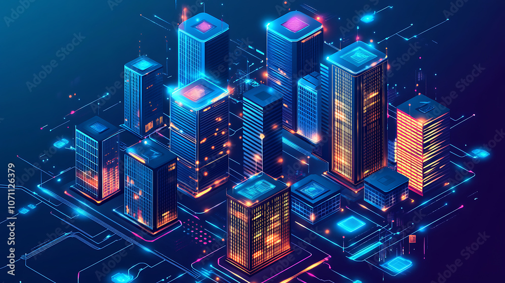 Poster intelligent building or smart city isometric vector concept, Automation of buildings using an example of computer networking, Technology of the future: IoT platforms