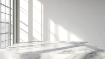 Fototapeta premium mockup product display, a marble table with a window shadow drop on a white wall background