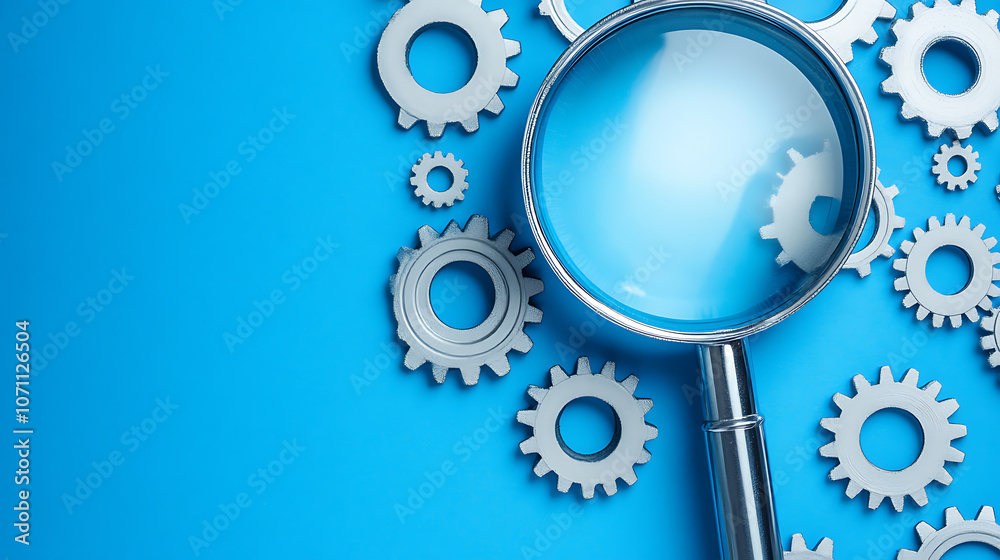 Aufkleber Magnifying glass and gears on blue background representing seo audit and analysis