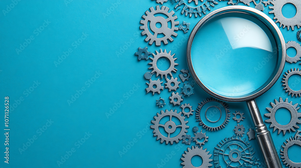 Aufkleber magnifying glass and gears on blue background representing seo audit and analysis