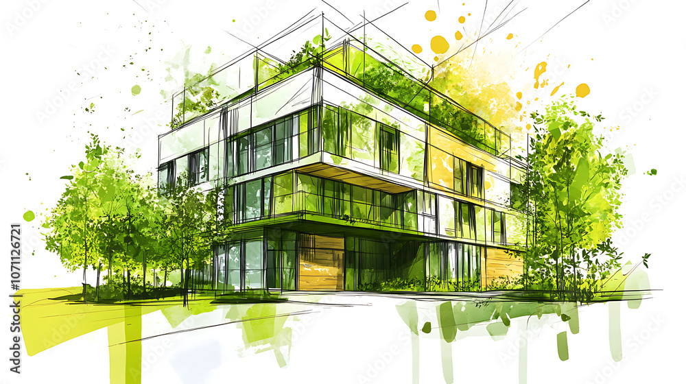 Aufkleber modern green building concept sketch with sustainable design elements and eco-friendly architecture