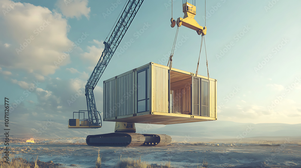 Poster modern wooden modular container being constructed with a crane