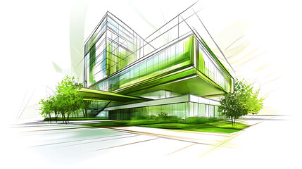 Modern green building concept sketch with sustainable design elements and eco-friendly architecture