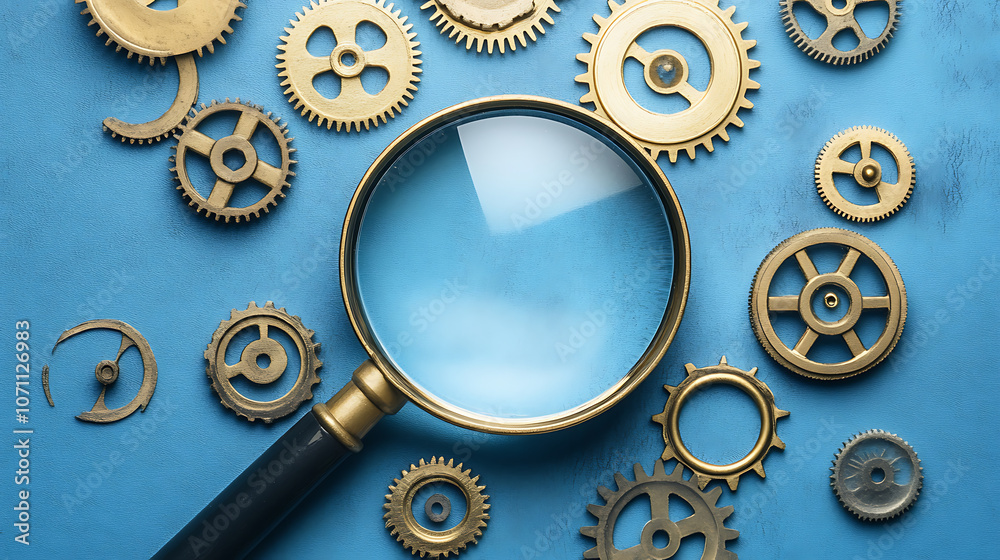 Poster magnifying glass and gears on blue background representing seo audit and analysis
