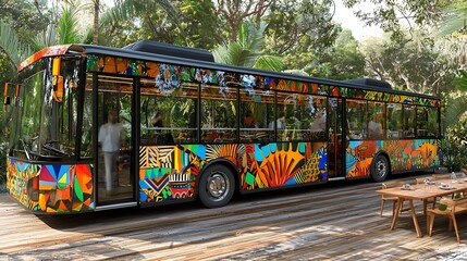 Obraz premium A colorful, artistic bus surrounded by lush greenery, blending transport with creativity.