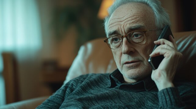 Elderly Man, Cell Phone, Contemplative Pose