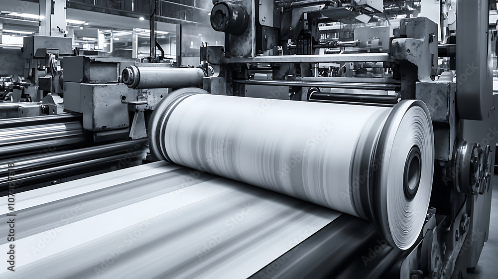 Poster printing in motion industrial printer creating vivid graphic designs on large paper roll showcasing 
