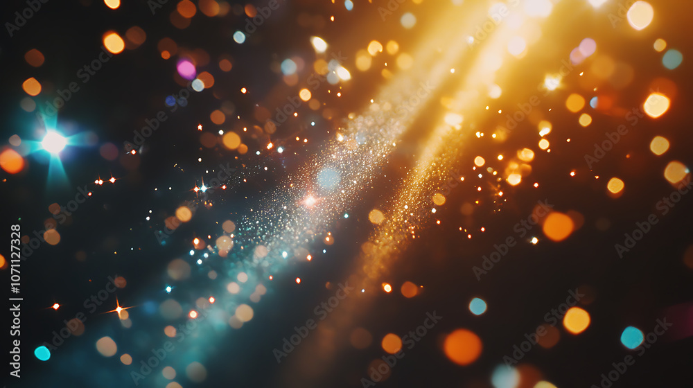 Poster prism light leak texture for photo overlay and effect, lens flare in abstract background, bokeh effect with glow and magical lights on black background