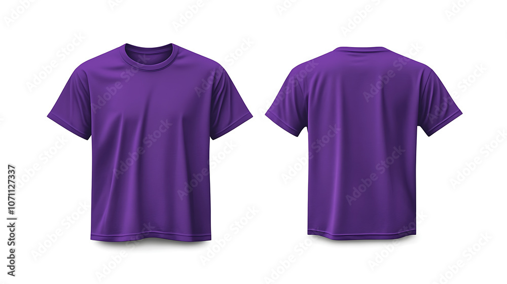 Poster purple tshirt mockup front and back views on white background vector template for apparel design