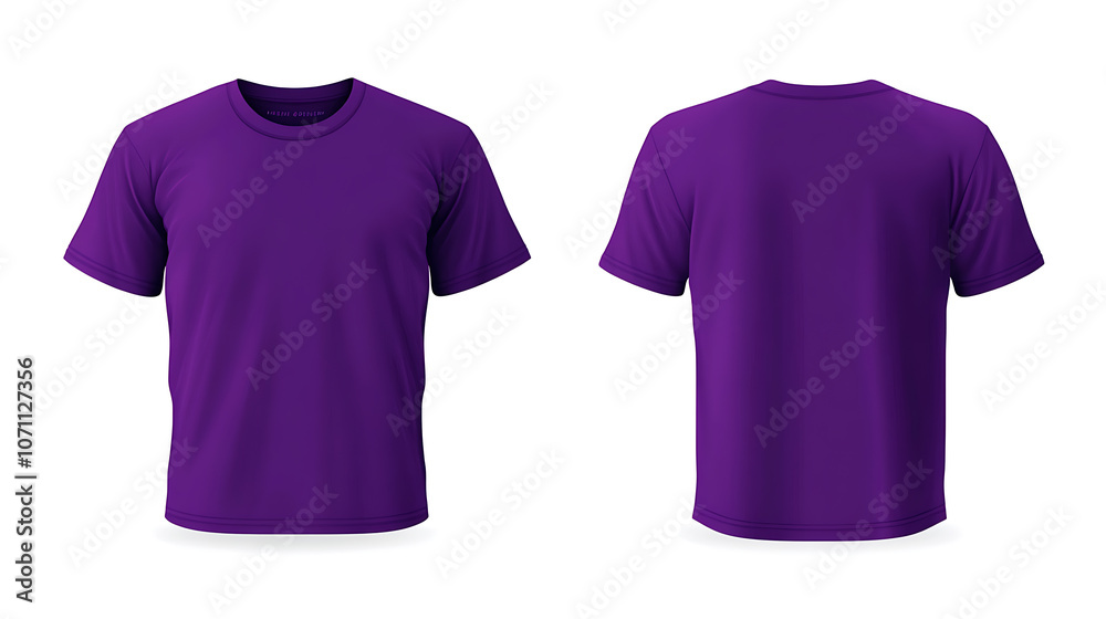 Poster purple tshirt mockup front and back views on white background vector template for apparel design