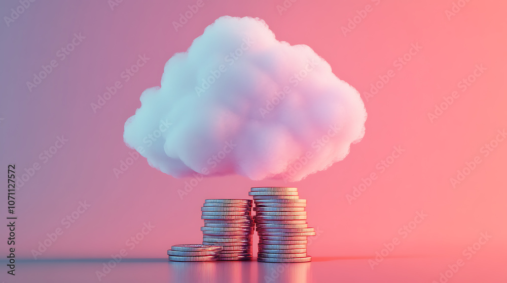 Poster Stack of coins symbolizing growing expenses in cloud computing, Cloud service budgeting