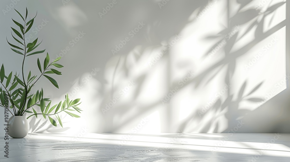Poster sunlit white wall with plant leaf shadow, minimal abstract background for spring and summer product 