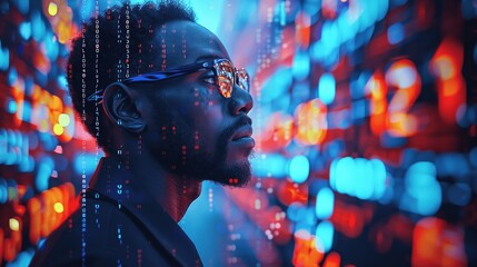 African man in glasses with digital code screens, neon lights, high-tech style, AI cybersecurity threat illustration