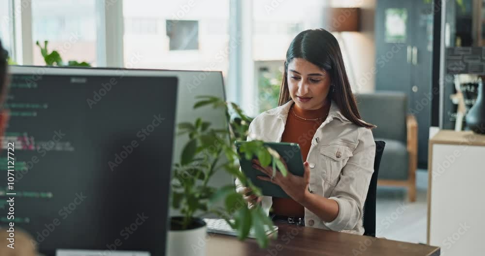 Aufkleber Computer, programming and tablet with business woman in office for coding or software development. Design, internet and technology with happy developer or programmer person in workplace for solution