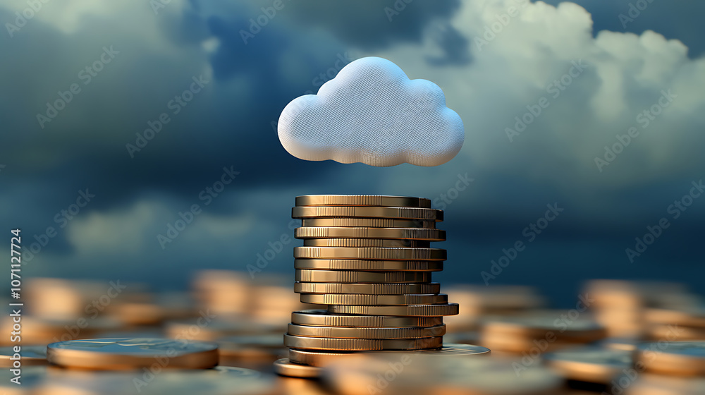 Poster Stacks of coins with a cloud icon symbolize cloud financial planning, highlighting cost management and budgeting in cloud computing