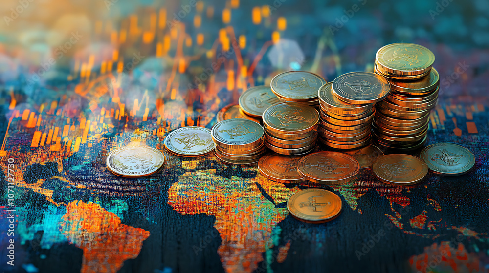 Poster Stacked coins with a financial graph and city background in a double exposure, combining the concept of business growth with money investment and global market transformation
