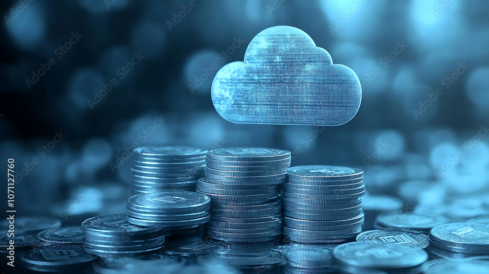 Poster stacks of coins with a cloud icon symbolize cloud financial planning, highlighting cost management a