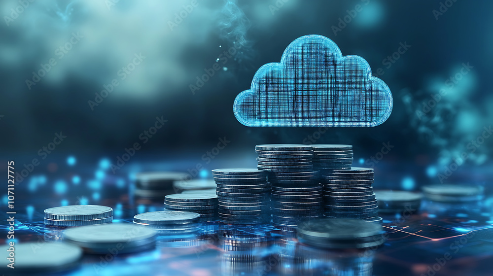 Aufkleber stacks of coins with a cloud icon symbolize cloud financial planning, highlighting cost management a
