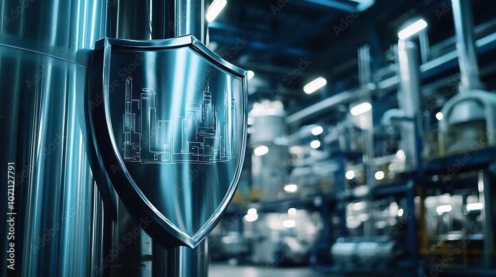 Poster shield with critical infrastructure protection sign in a high-tech industrial environment, symbolizi