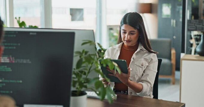 Computer, programming and tablet with business woman in office for coding or software development. Design, internet and technology with happy developer or programmer person in workplace for solution