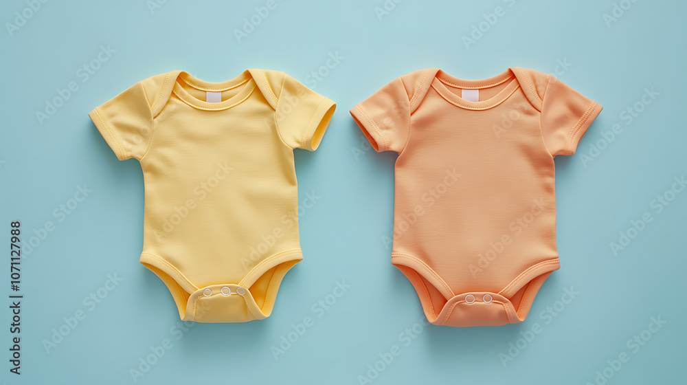 Poster two sets of pastel light yellow and orange infant bodysuits, shown from front and back views, serve 