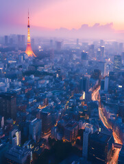 Fototapeta premium Tokyo, Japan, View of the Greater Tokyo region from above at dusk