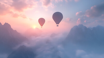 Fototapeta premium Two hot air balloons floating above the foggy mountains, with a sunrise in the background
