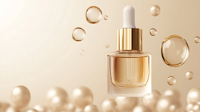 Vector realistic illustration presents gold collagen serum bubbles, emphasizing cosmetic essence and skincare cosmetic solutions