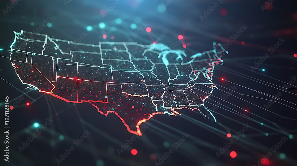 Fototapete abstract digital network map of usa representing data transfer and connectivity technology concept