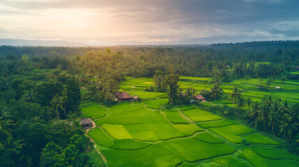 aerial view of vast lush green rice field landscape agricultural and rural scenery drone photography