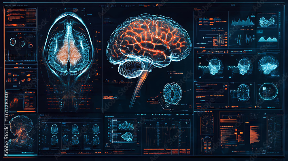 Poster an advanced medical display showing various images and data, including the anatomy of the brain, in 