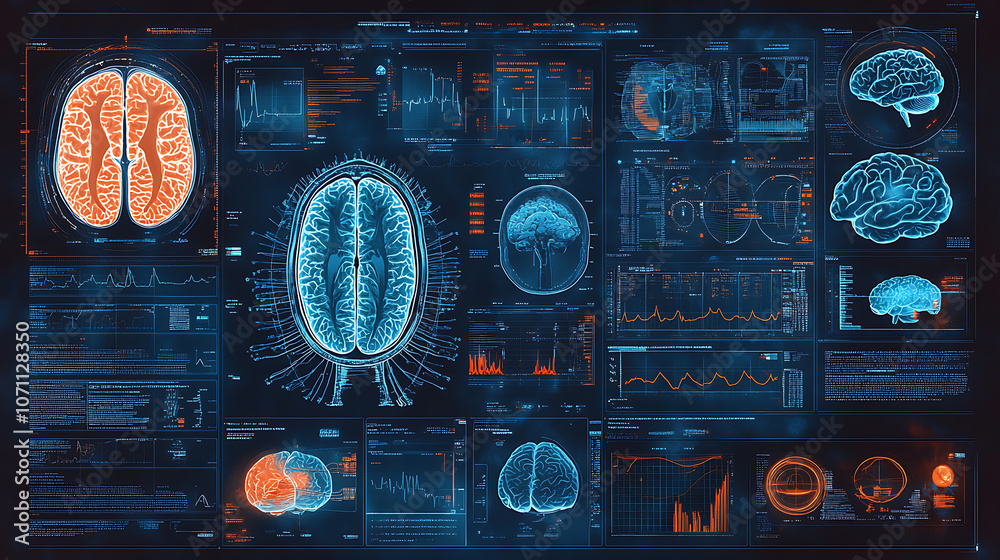 Poster an advanced medical display showing various images and data, including the anatomy of the brain, in blue tones with orange highlights