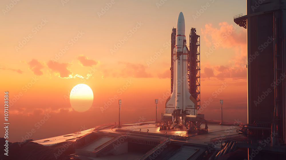 Aufkleber space rocket on the launch pad, panoramic shot of the sky and setting sun in the background