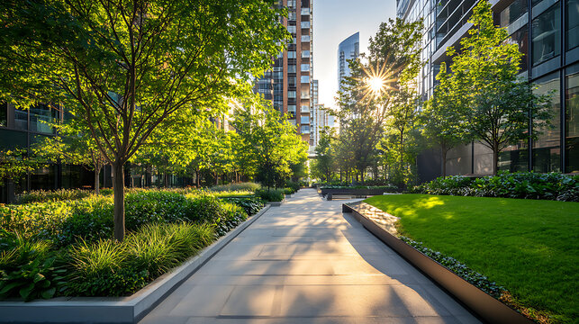 Urban green space with trees, pathways, and modern buildings, promoting sustainability and relaxation