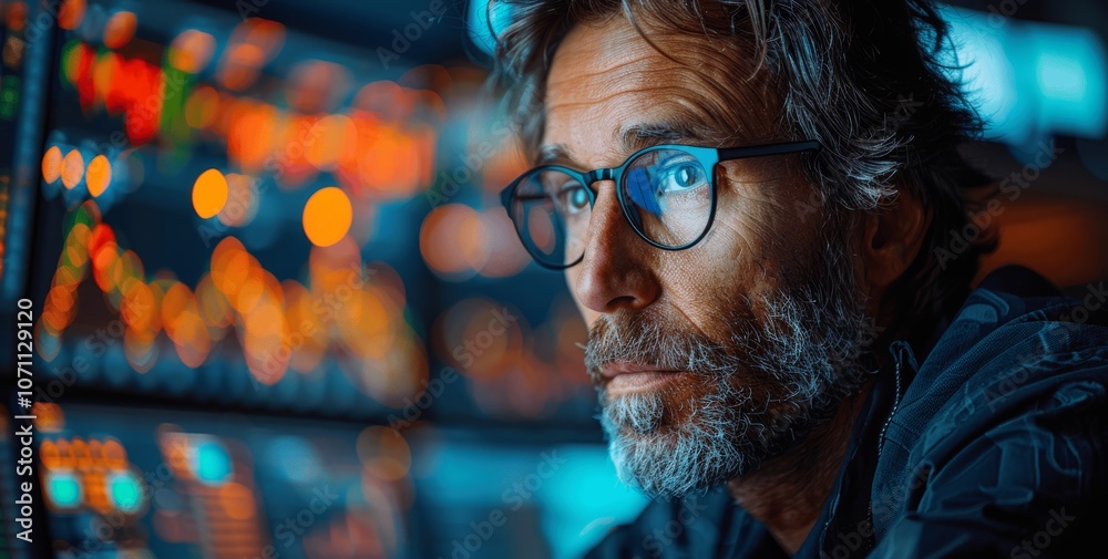 Poster stock market professional analyzing global trading patterns on multiple screens for optimal investme