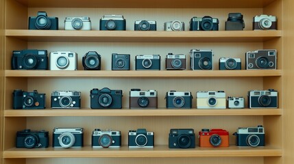 Vintage cameras neatly arranged wooden shelf antique aesthetic decor. AI generated