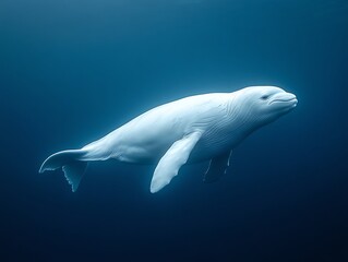 Fototapeta premium A white dolphin swims gracefully through the deep blue ocean.