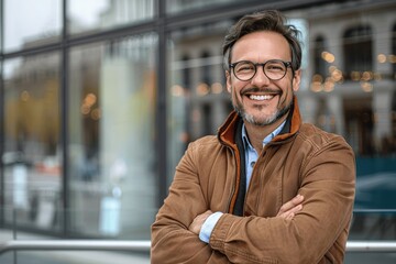 Fototapeta premium Smiling Businessman with Arms Crossed in Front of Modern Office Building