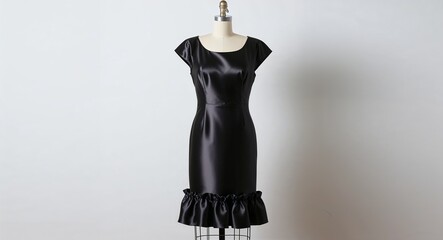 Black satin dress with cap sleeves and ruffled hem display on plain white background