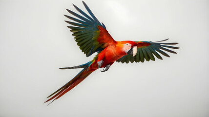 Fototapeta premium Scarlet macaw parrot flying isolated white background isolated