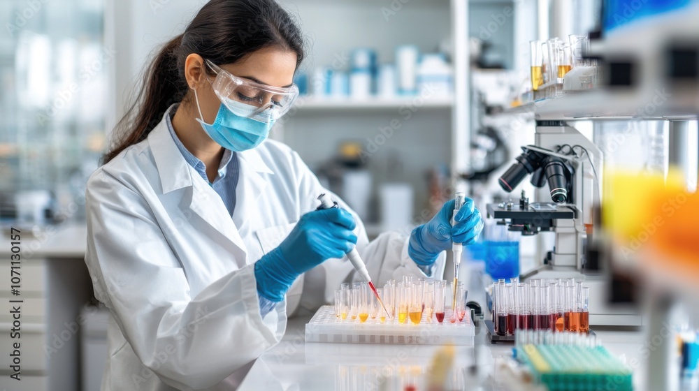 Poster scientist analyzing samples in a clean laboratory