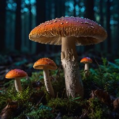 Fototapeta premium fairy forest in the middle of the night, there are very beautiful mushrooms, macro shot, colorful details, natural light, amazing composition.