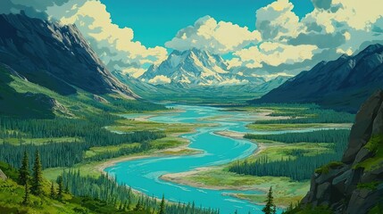 Fototapeta premium A winding river flows through a valley surrounded by majestic mountains and lush green forests.