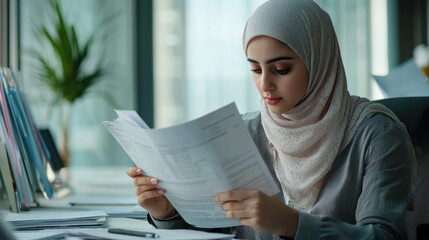 Woman in Hijab Analyzing Financial Reports