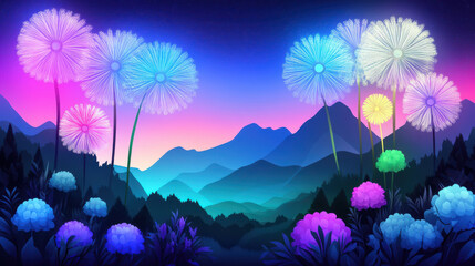 Vibrant digital landscape featuring colorful flowers and mountains at sunset. scene is filled with bright hues of blue, purple, and pink, creating serene atmosphere