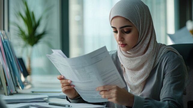 Woman in Hijab Analyzing Financial Reports