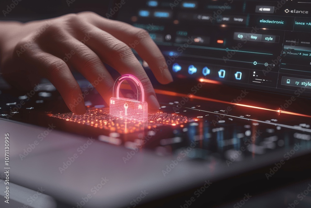 Aufkleber hand typing on laptop keyboard with hologram padlock cyber security data protection